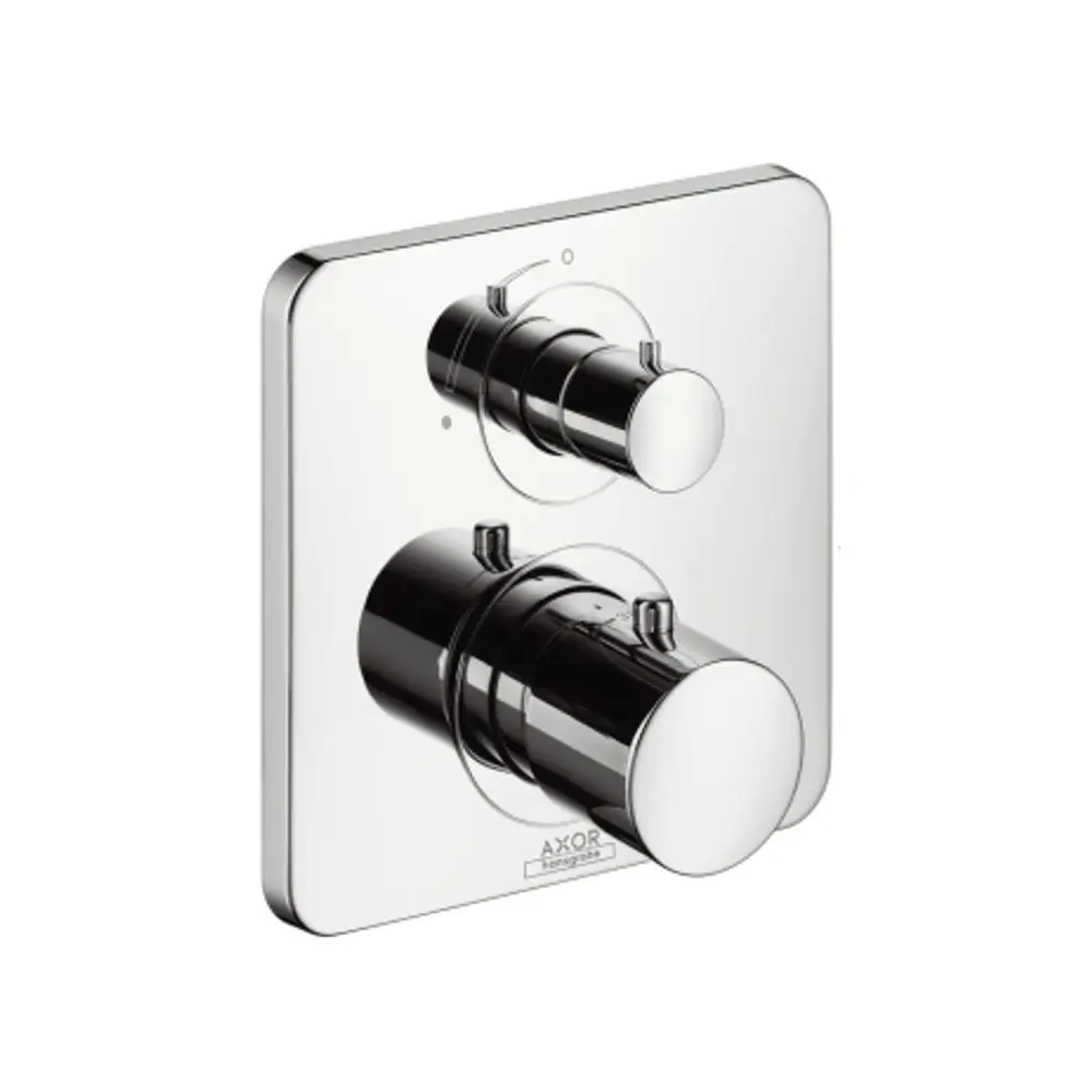 Thermostat mit zwei Drehreglern zur Temperatur- und Durchflussregelung, in Chromfarbe, eingebaut in eine Wandplatte, mit AXOR-Logo im unteren Bereich.